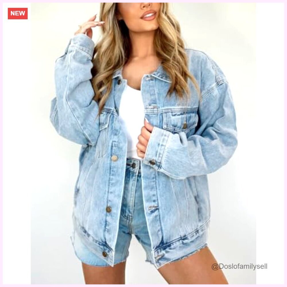 Oversized Denim Jacket Long Sleeve Button Down Trucker Shacket Women's - Picture 2 of 7